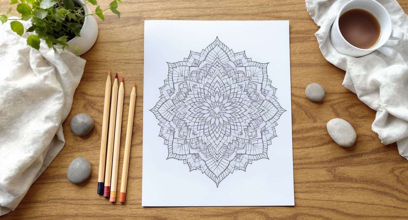 Adult stress relief coloring setup with mandala line art, plain colored pencils, smooth stones, tea, linen, and plant leaves