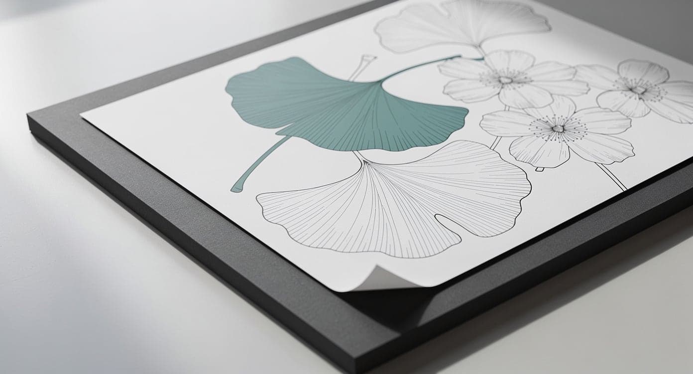 Large-print ginkgo and flower page over a dark backing board with one corner lifted and one broad leaf colored teal