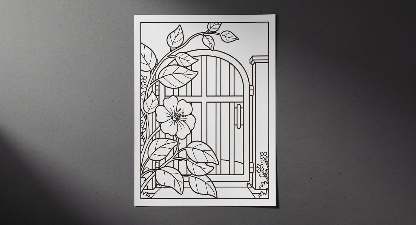 Full adult large-print garden gate coloring page with bold outlines, broad leaves, and a generous white border