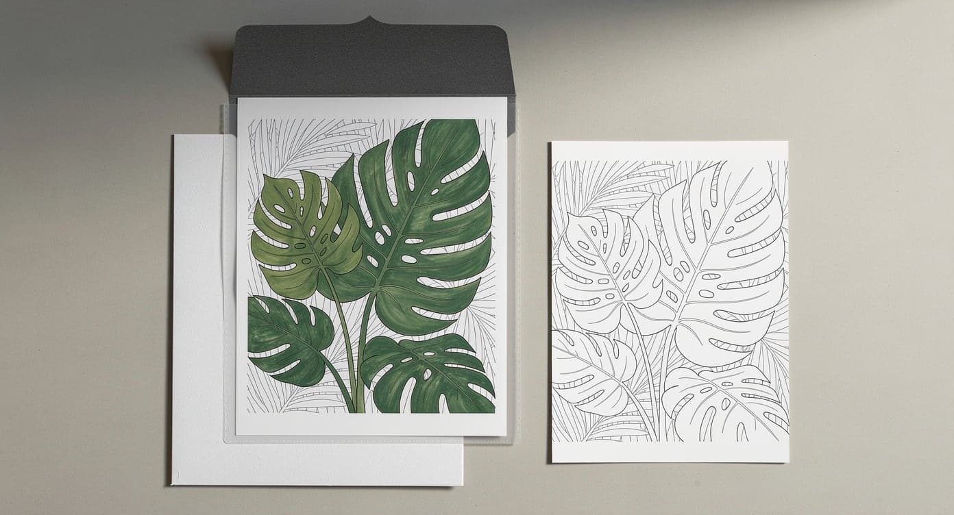 Partially colored monstera printable inside a clear sleeve above a backing sheet beside an uncolored duplicate
