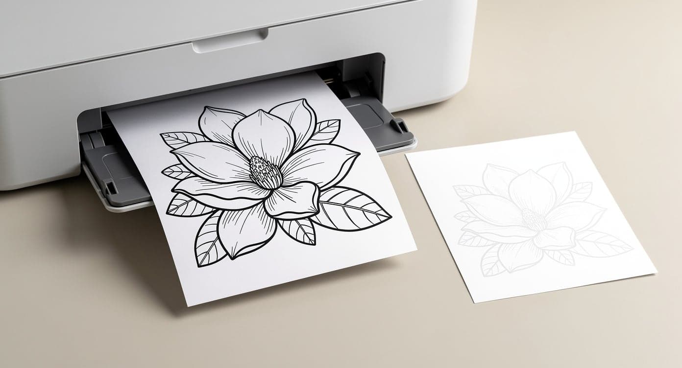 Crisp adult magnolia printable emerging from a plain home printer beside a faint test copy
