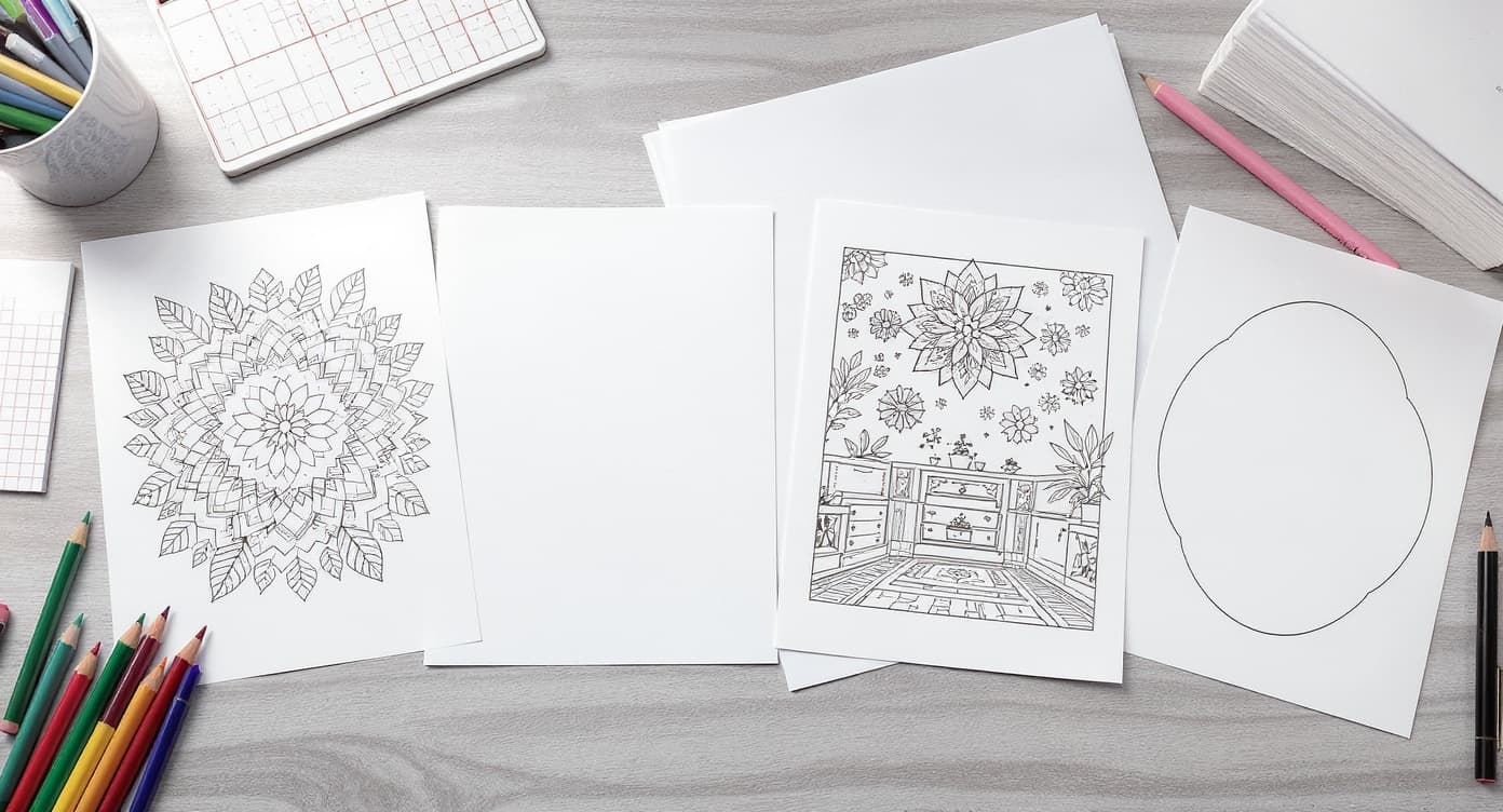 Adult printable coloring page pack with mandala, floral, cozy scene, large open-space page, blank paper, and colored pencils