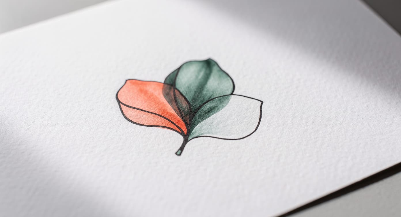 Macro view of coral and sage alcohol-marker layers inside a simple botanical outline on textured white paper