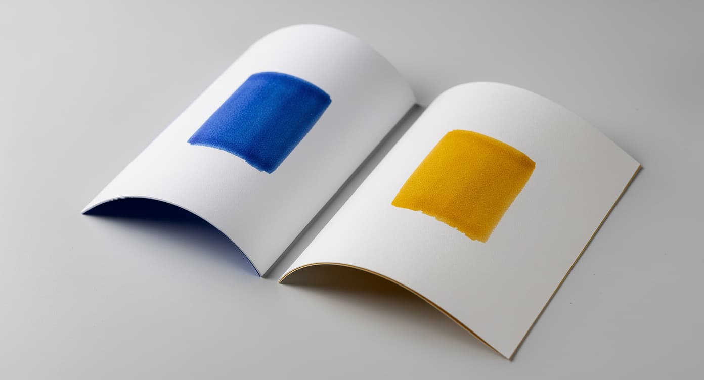 Two unlabelled loose papers arched side by side with blue and mustard marker test patches