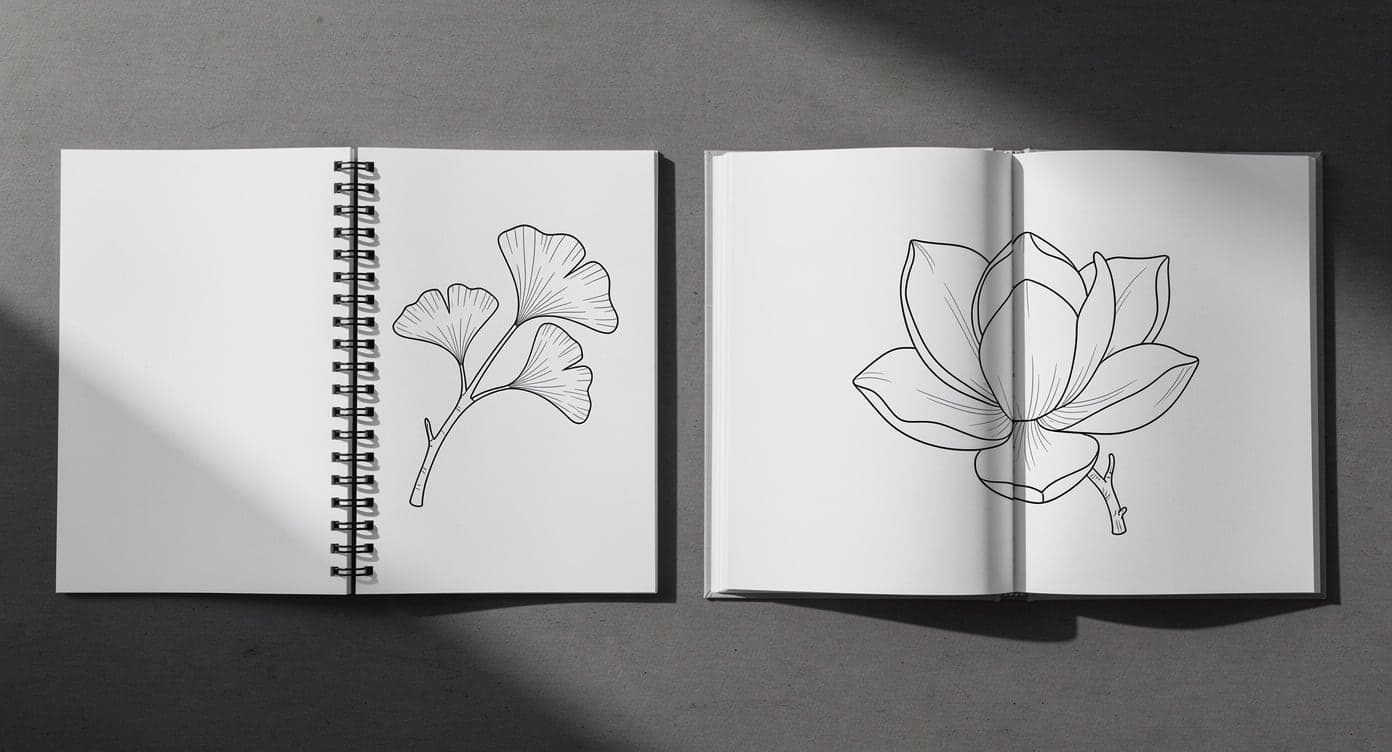 Spiral-bound adult coloring book open flat beside a raised-gutter paperback with simple botanical pages