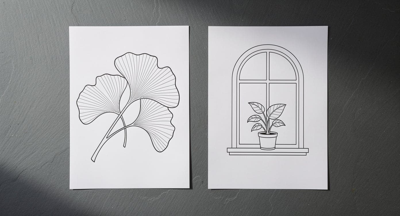 Two uncolored adult coloring pages showing broad ginkgo leaves and a simple arched window with a potted plant