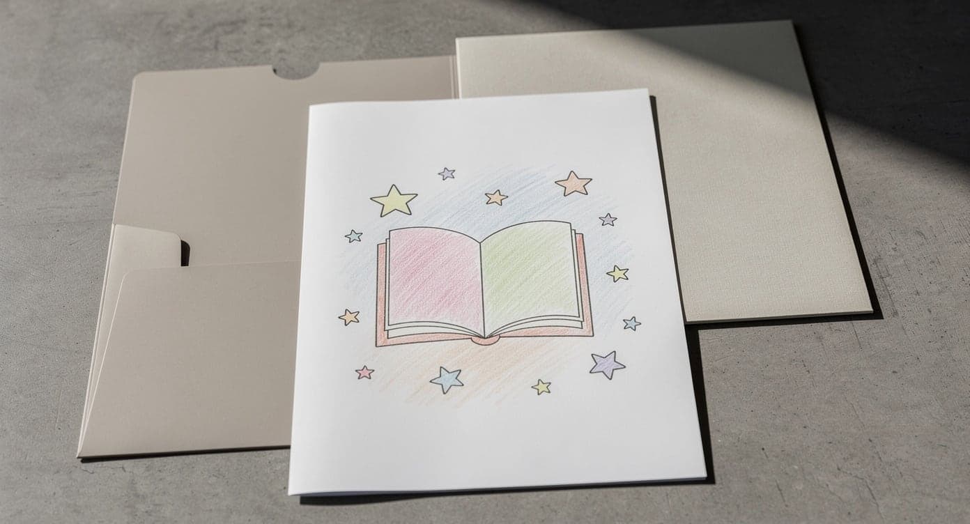 Finished crayon-colored open-book page with stars placed between a plain pocket folder and a neutral mounting board