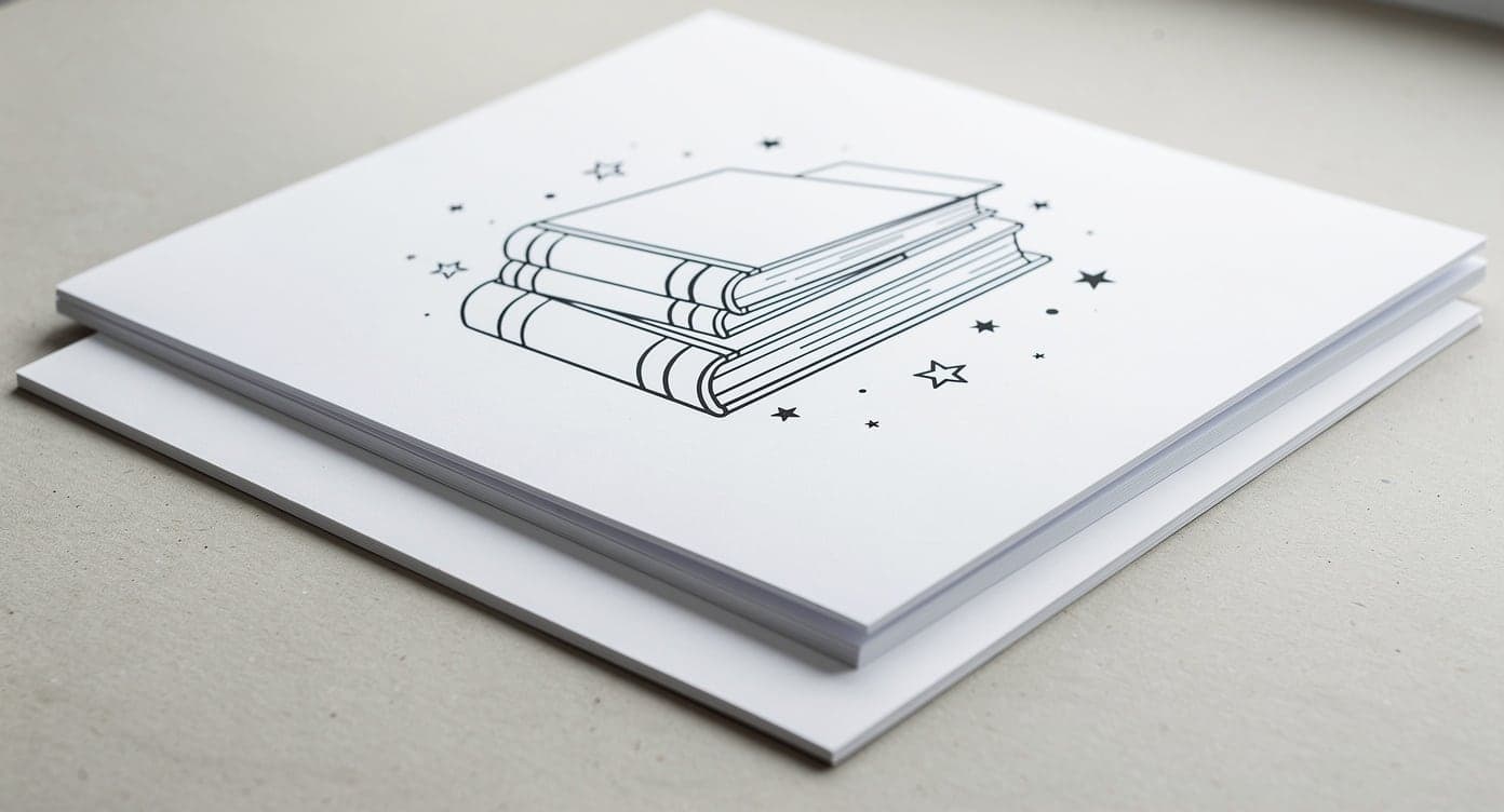 Clean books-and-stars coloring test page resting on a small aligned stack with visible white margins and paper edges