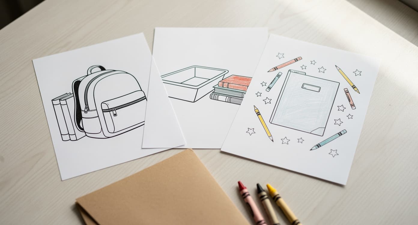 Back-to-school printable packet with backpack, classroom tray, folder cover, and crayon pages