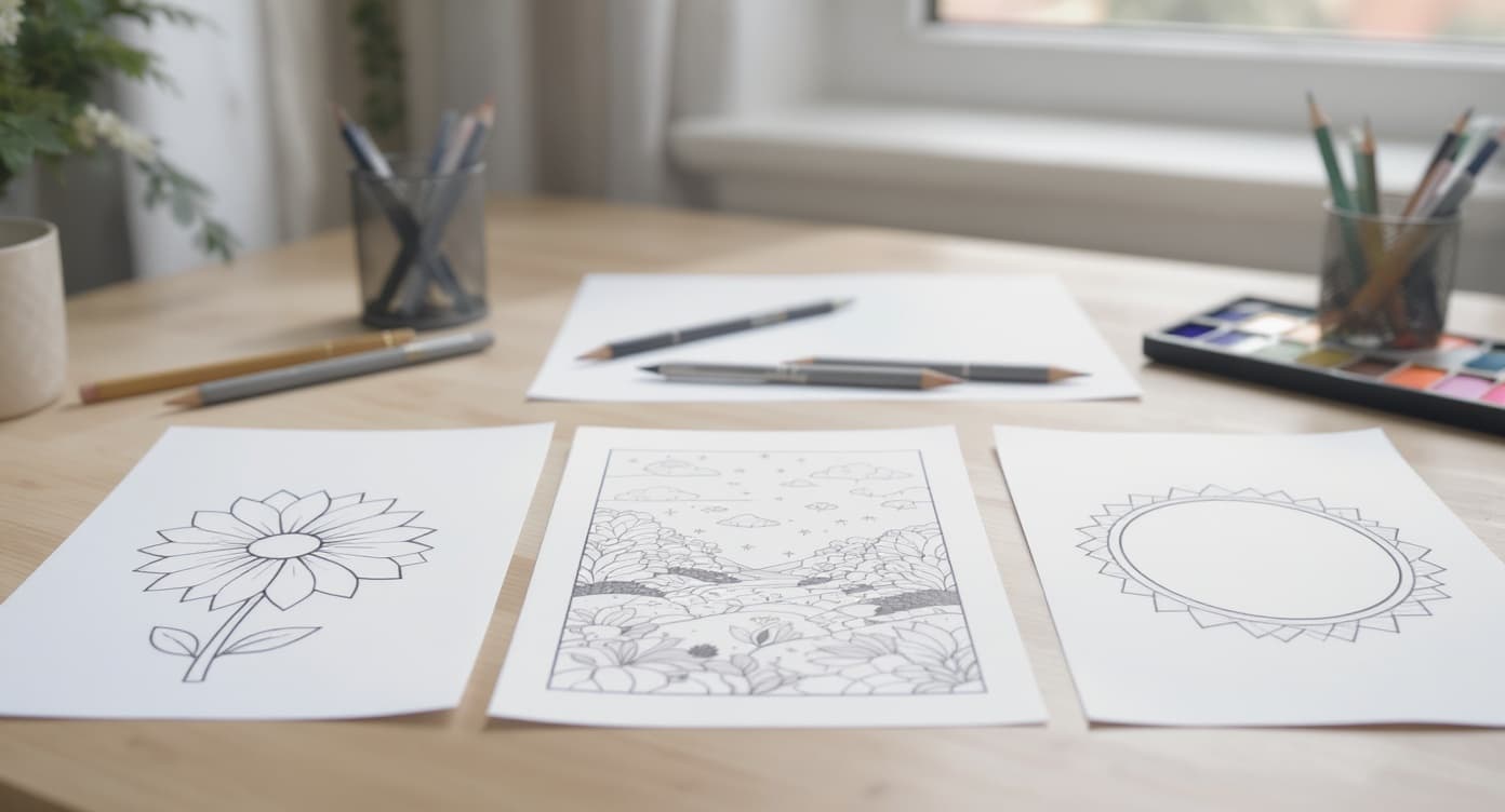 Beginner adult coloring page printouts with flower, landscape, circular pattern, simple paper setup, and colored pencils