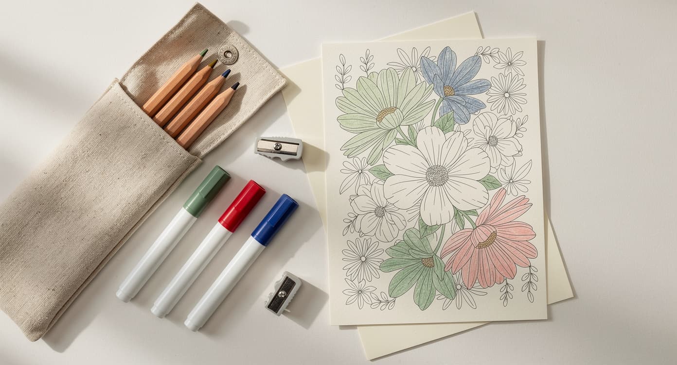 Small beginner coloring kit with plain colored pencils, capped markers, sharpeners, paper, and a floral page