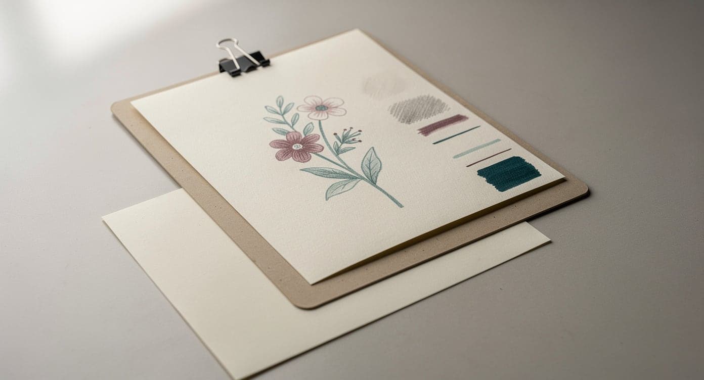 Small botanical test page clipped to a plain board with restrained color trials along one edge and a clean spare sheet below