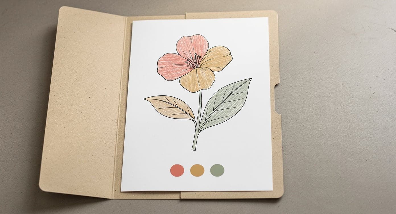 Simple adult flower printable in an open folder with three muted color swatches in the blank page margin