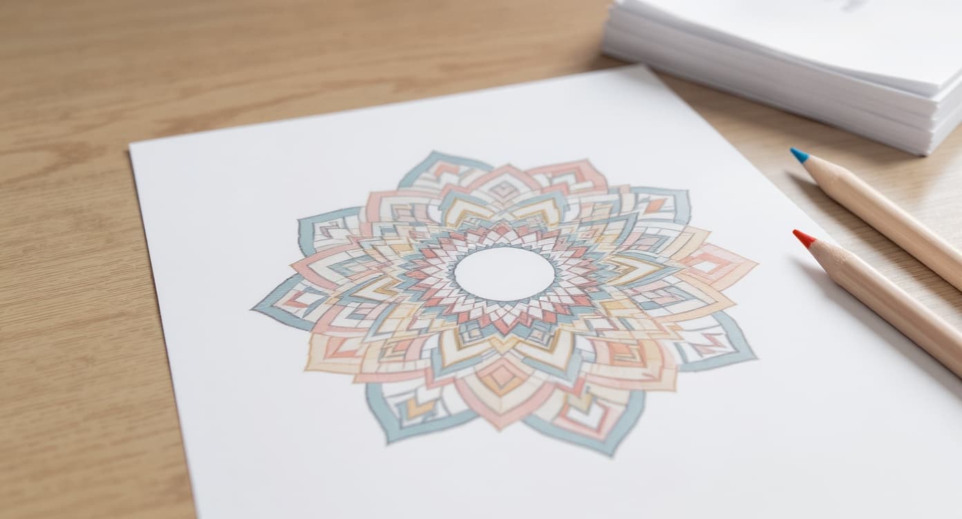 Beginner mandala coloring page with wide readable spaces, soft colored sections, blank paper stack, and unmarked colored pencils