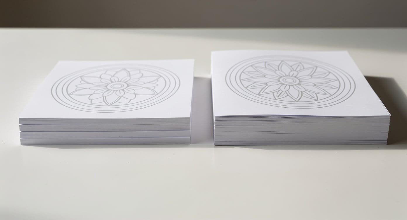 Two stacks of mandala printouts showing a lower thin-paper profile and a taller heavyweight-paper profile