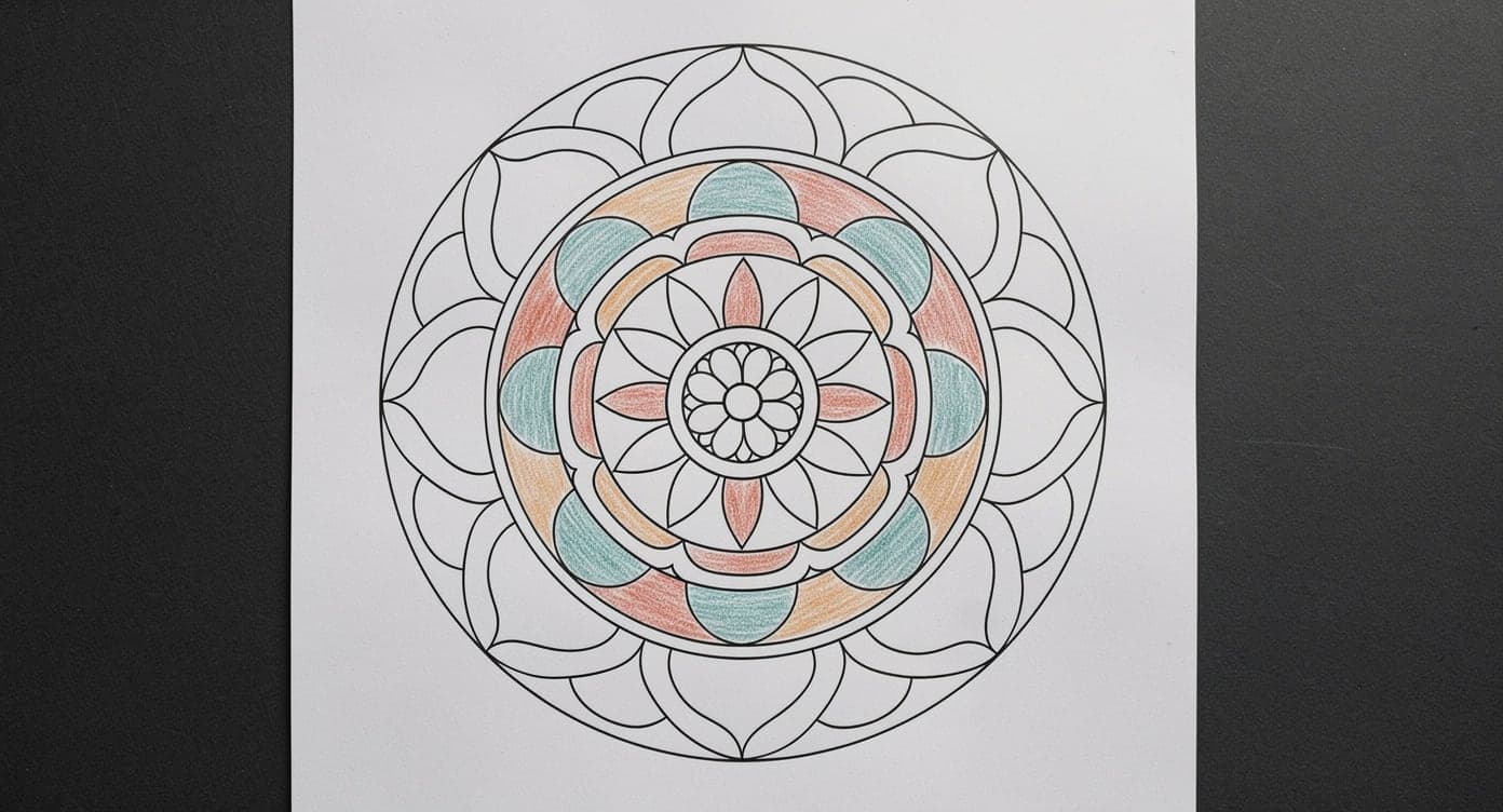 Flat beginner mandala with broad repeated rings and visible teal, coral, and ochre colored-pencil grain