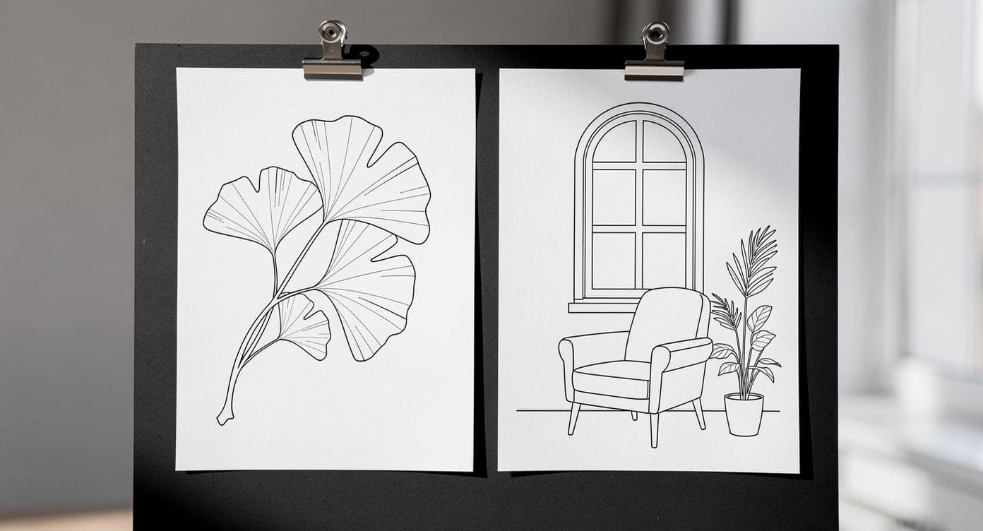 Two adult beginner pages clipped side by side, one broad ginkgo branch and one simple window with a chair and plant