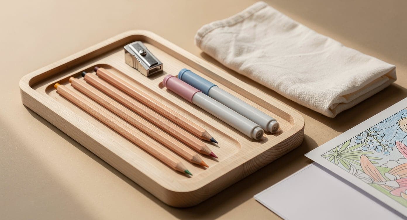 Shallow wooden tray holding plain colored pencils, two capped markers, a metal sharpener, and a folded cloth beside a coloring page