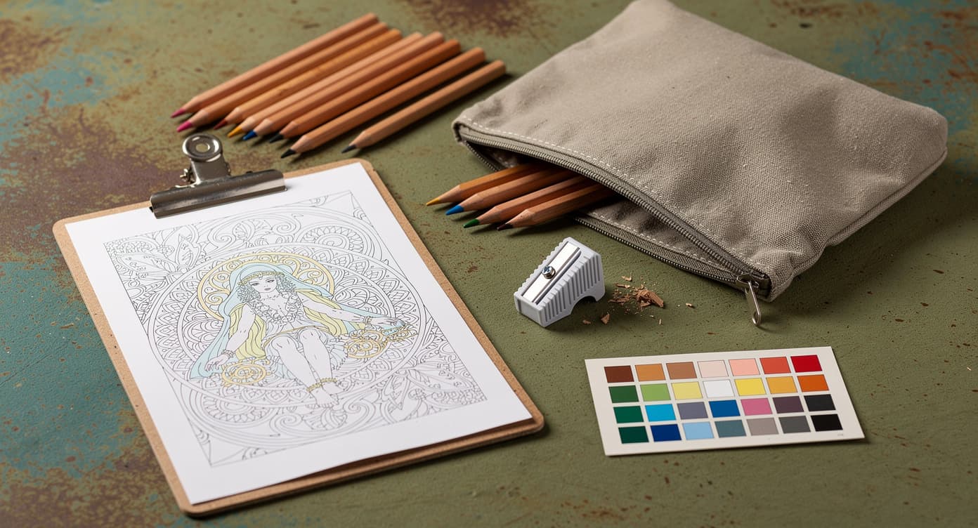 Affordable adult coloring setup with plain colored pencils, canvas pouch, sharpener, swatch card, and clipped page