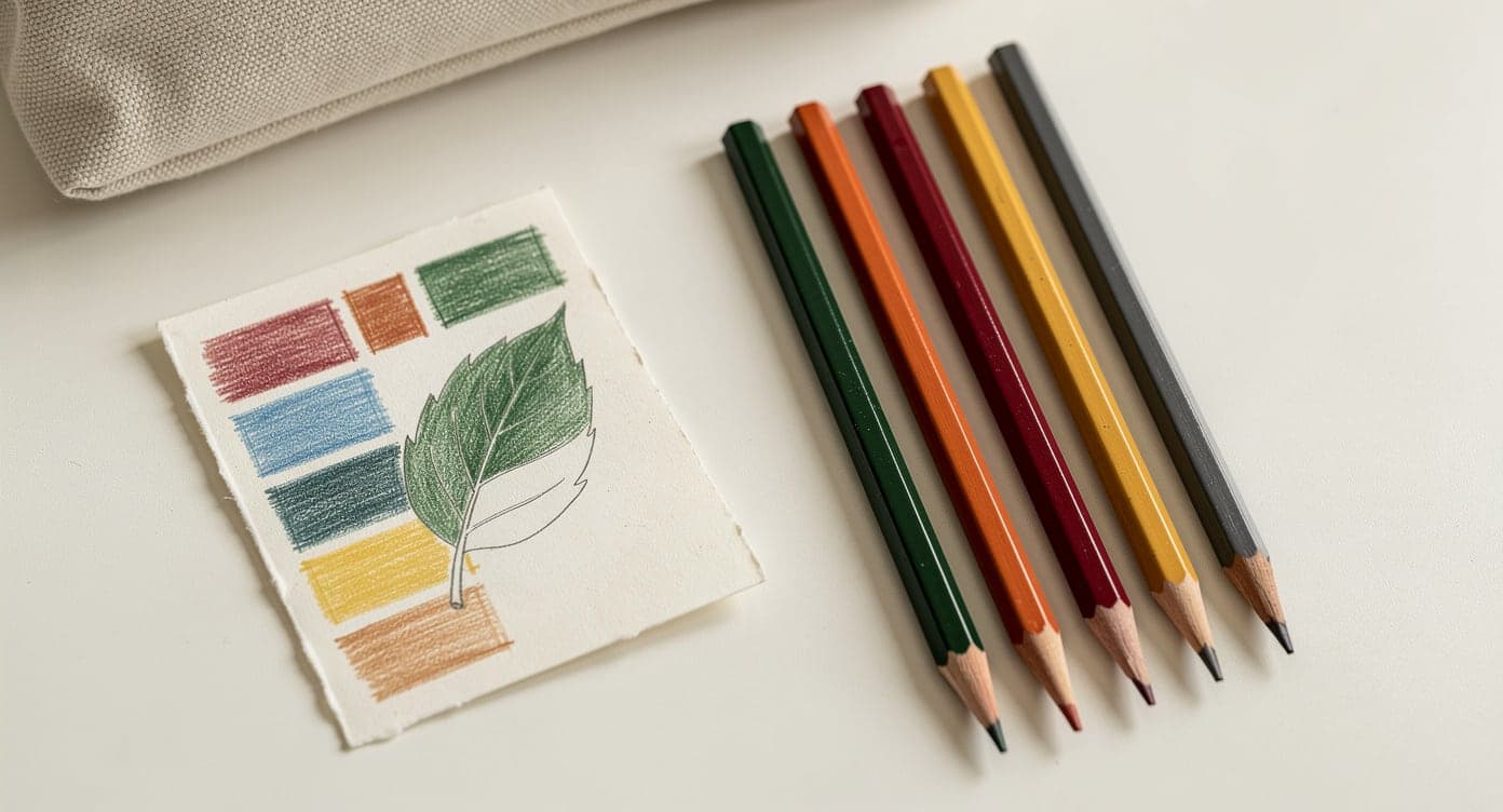 Compact group of plain colored pencils beside a small hand-shaded palette card and a partially colored leaf