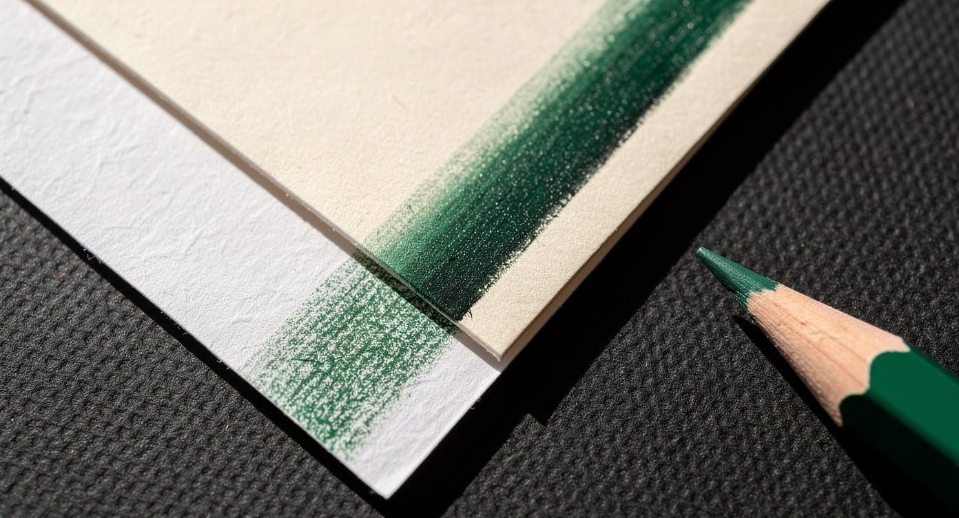 Sharpened green pencil beside matching layered gradients drawn across overlapping papers with different surface texture