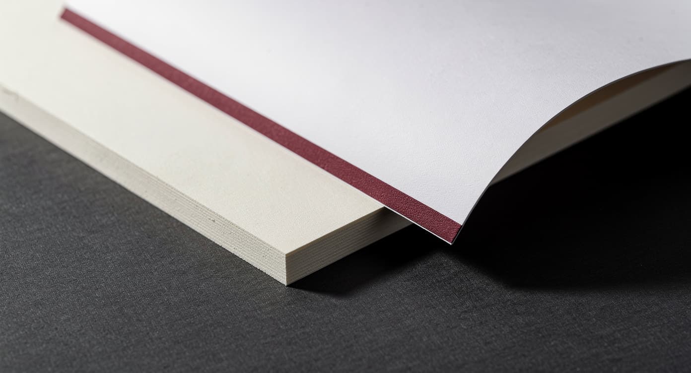 Rigid ivory cardstock corner beside a thinner curled marker-paper edge on a dark surface