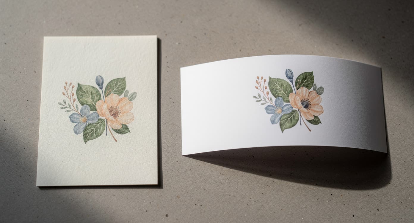 Small rigid cardstock panel and curved marker-paper sheet carrying matching botanical color tests