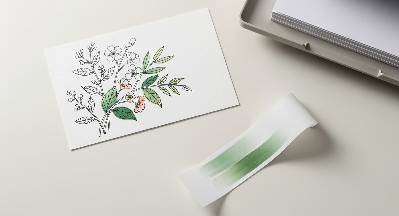 Sturdy cardstock coloring project beside a curved marker-paper blending strip and printer paper tray