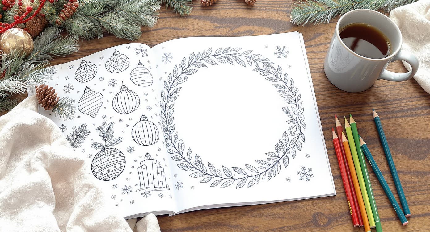 Adult Christmas coloring pages with wreath, ornaments, pine branches, snowflakes, warm mug, and colored pencils on a wooden table
