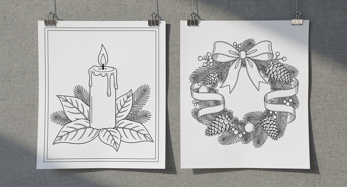 Large candle Christmas coloring page beside a more detailed evergreen wreath page clipped to a board