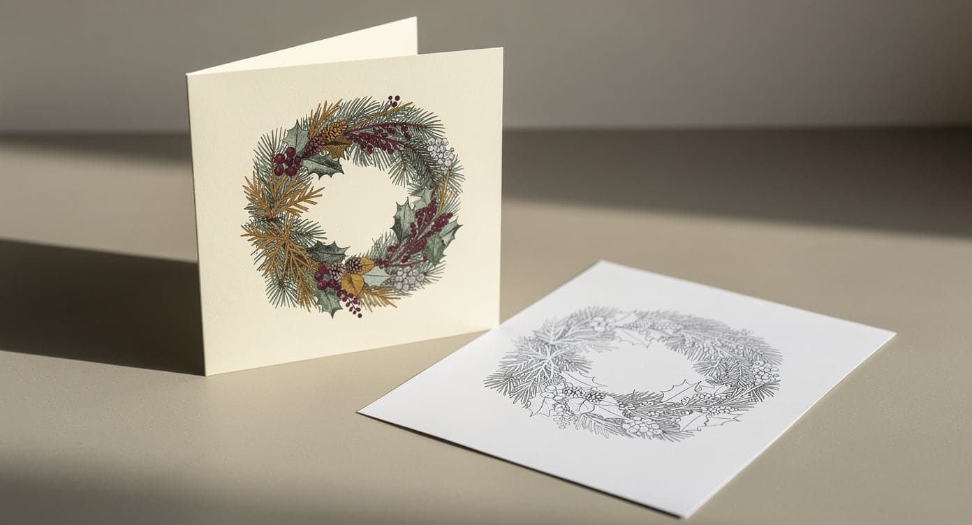Colored botanical wreath mounted on a blank folded card beside the uncolored full-page source
