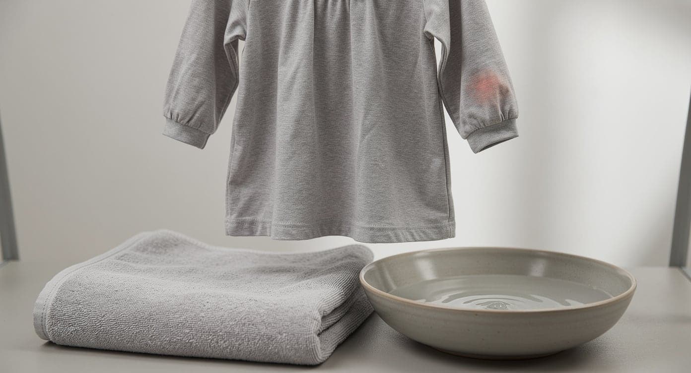 Plain cotton garment air-drying beside a folded towel and clear-water rinse bowl with one small mark still visible