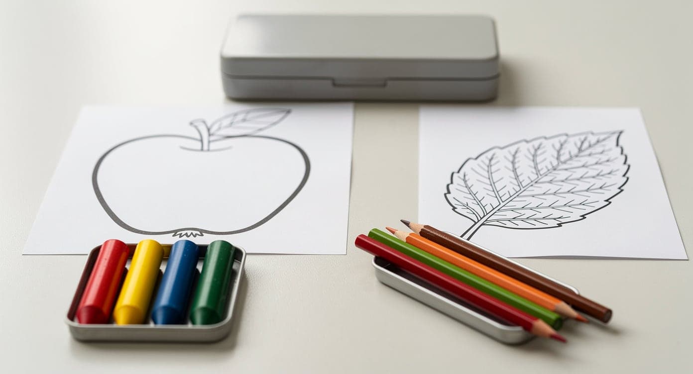 Contained crayons and colored pencils beside kids coloring pages with a closed marker caddy in the background