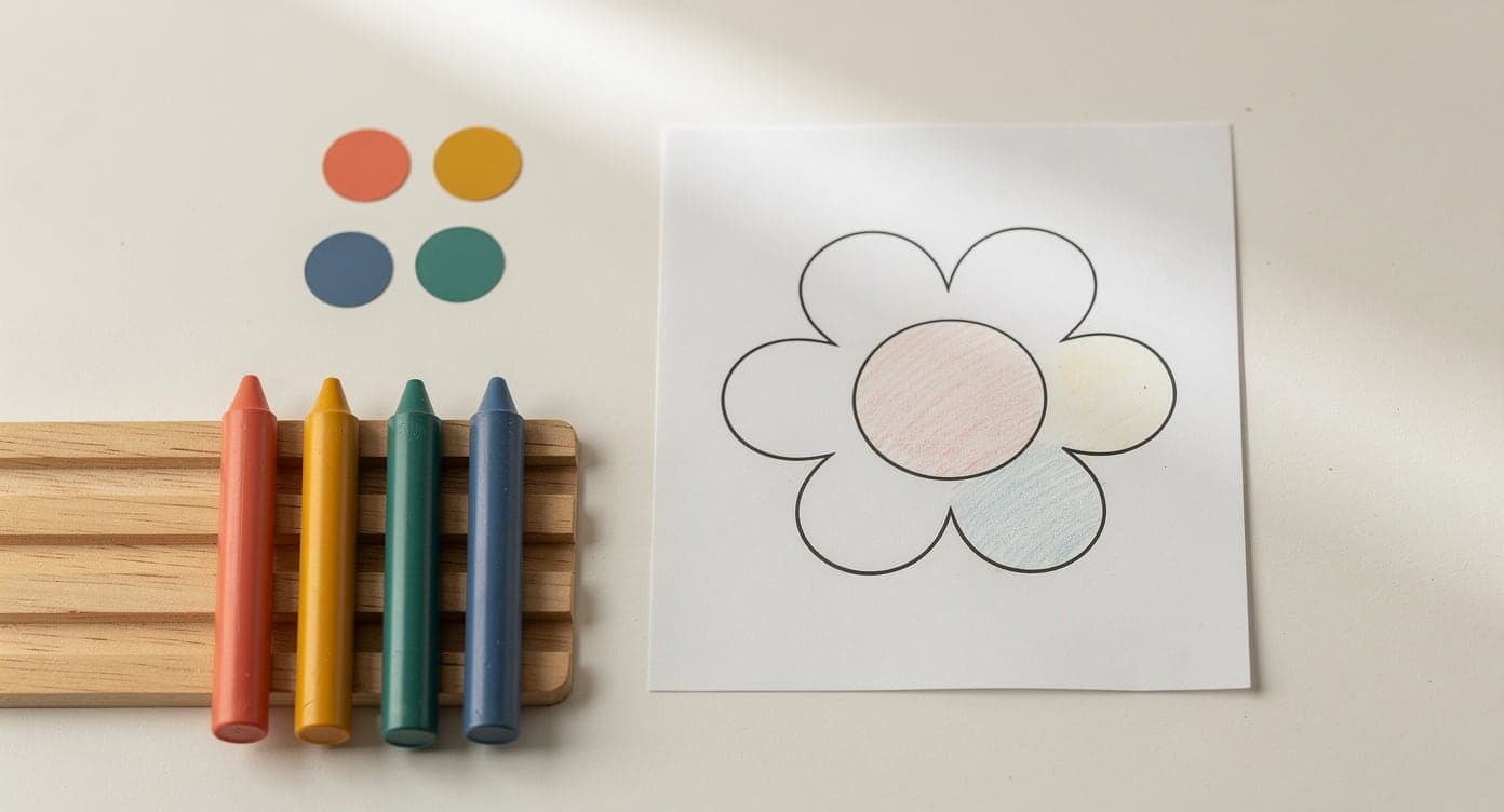 Four plain wax crayons and four matching color circles beside a simple sectioned flower printable