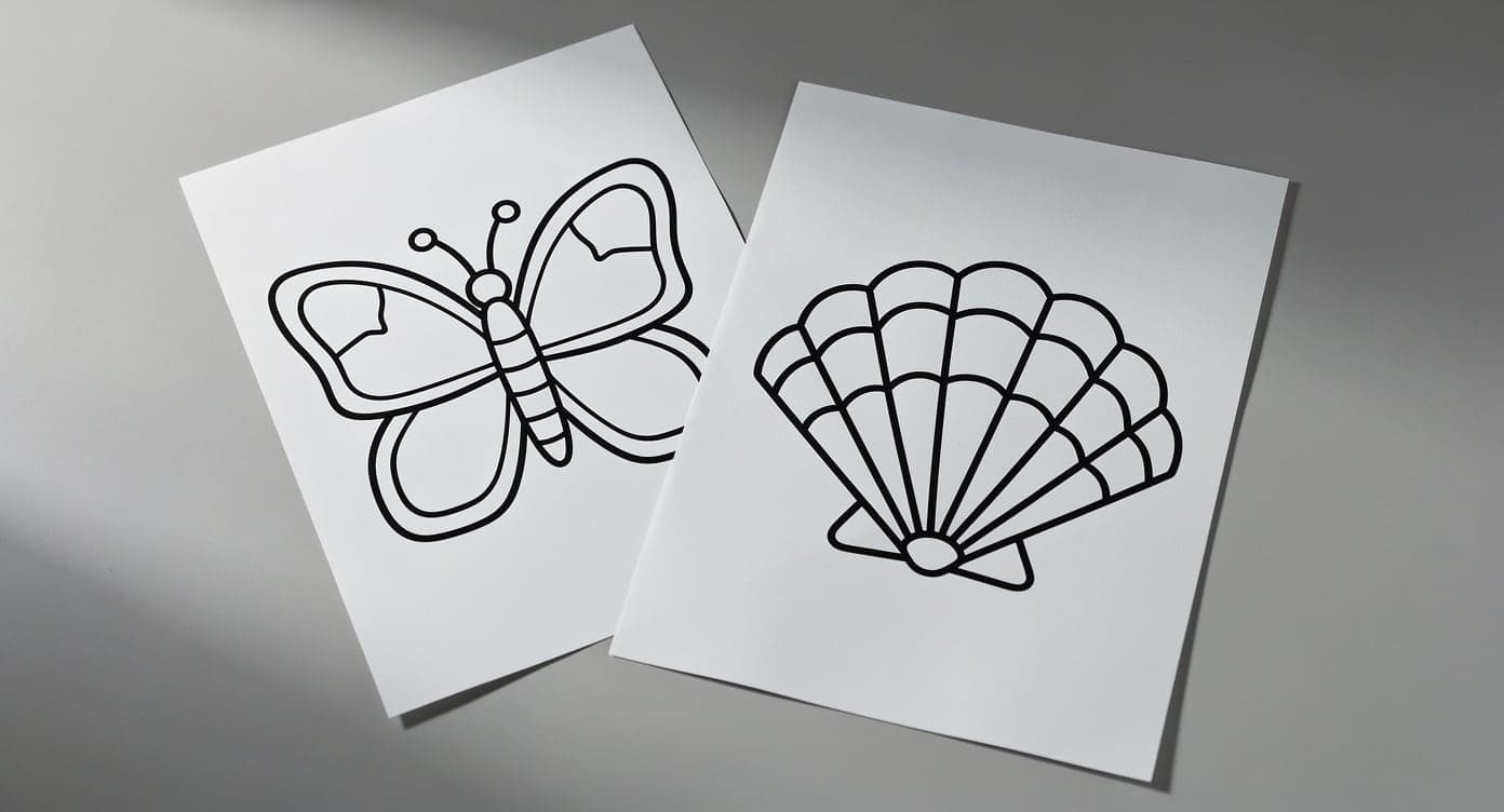 Two uncolored printable pages with a butterfly divided into broad sections and a shell divided into narrower sections