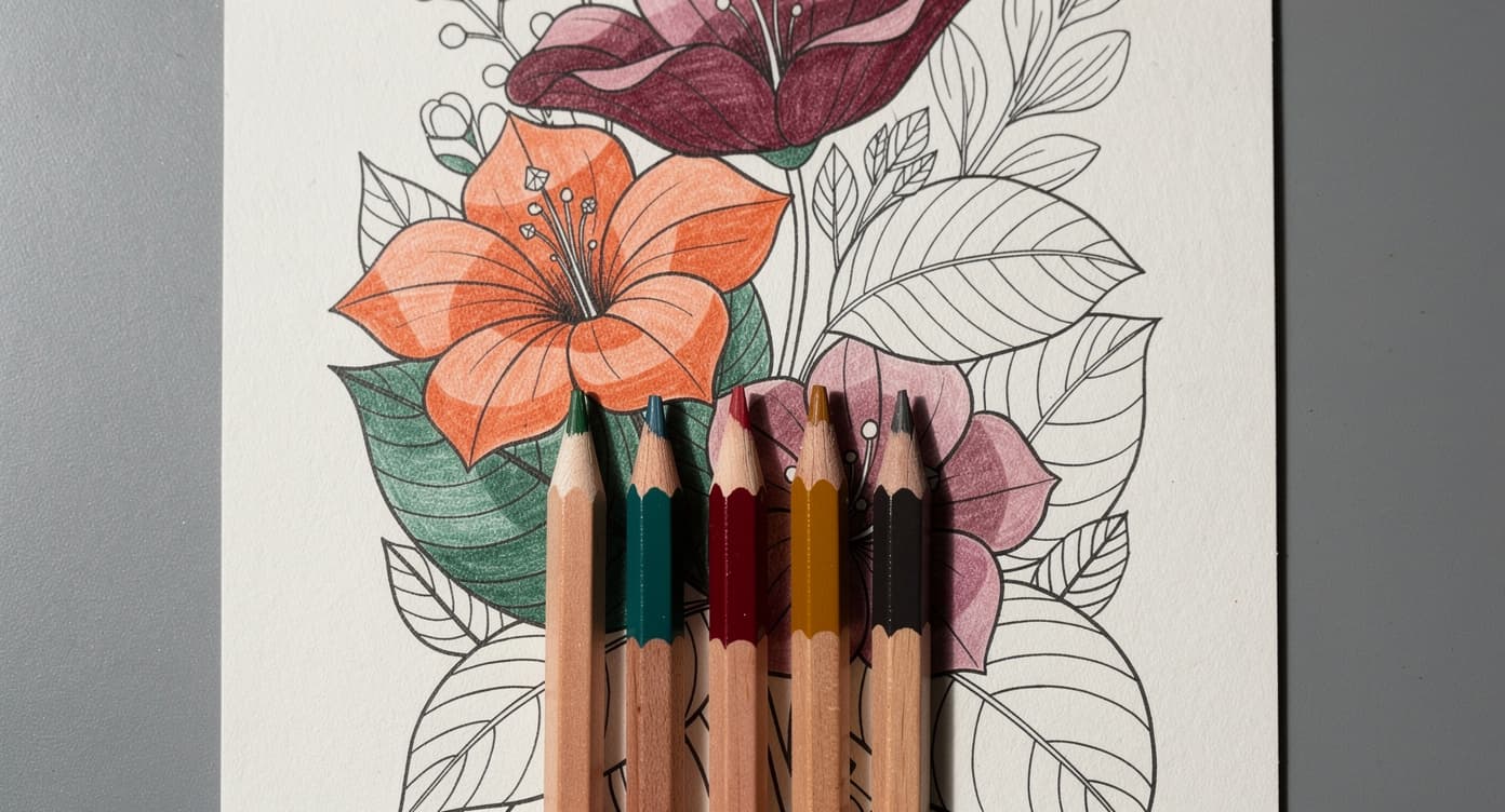 Five unbranded colored pencils arranged on a partially colored botanical page with visible layered shading