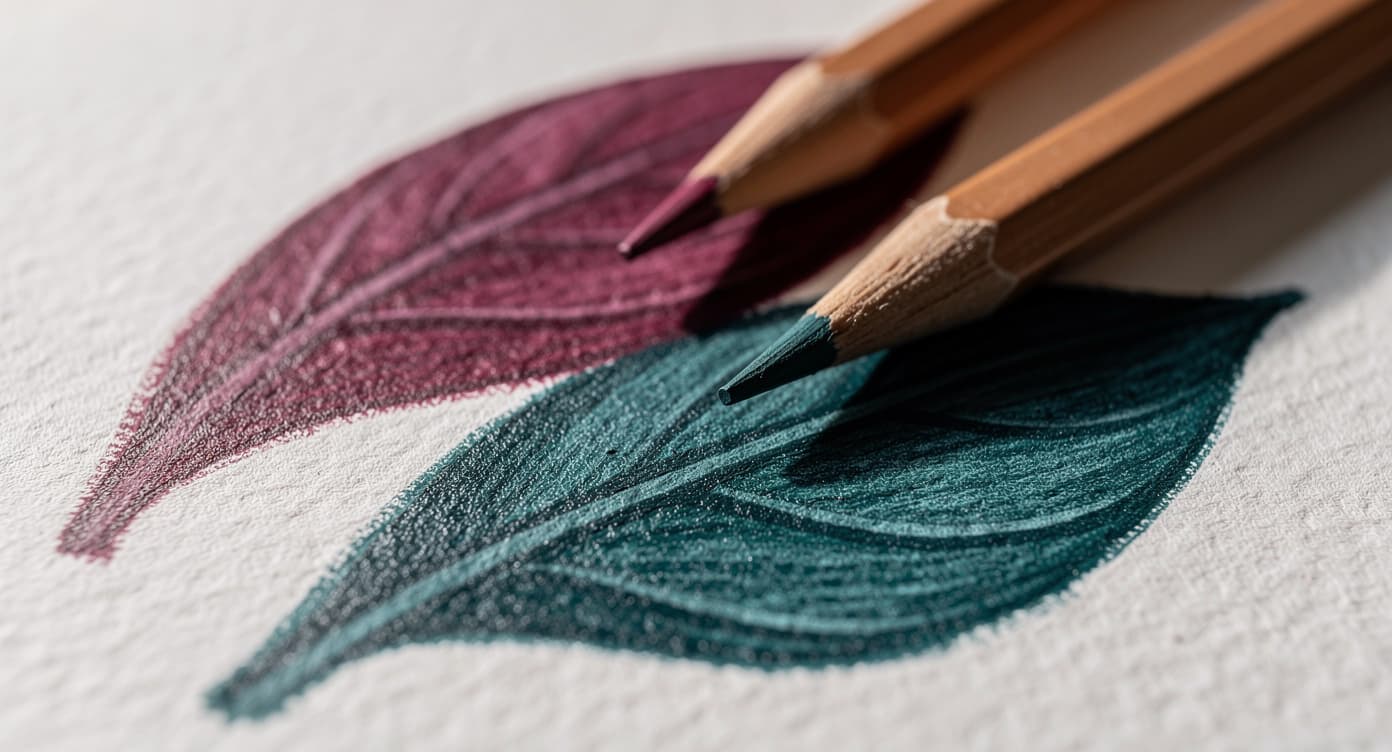 Burgundy and teal colored pencils beside matching layered leaf shading on medium-tooth white paper