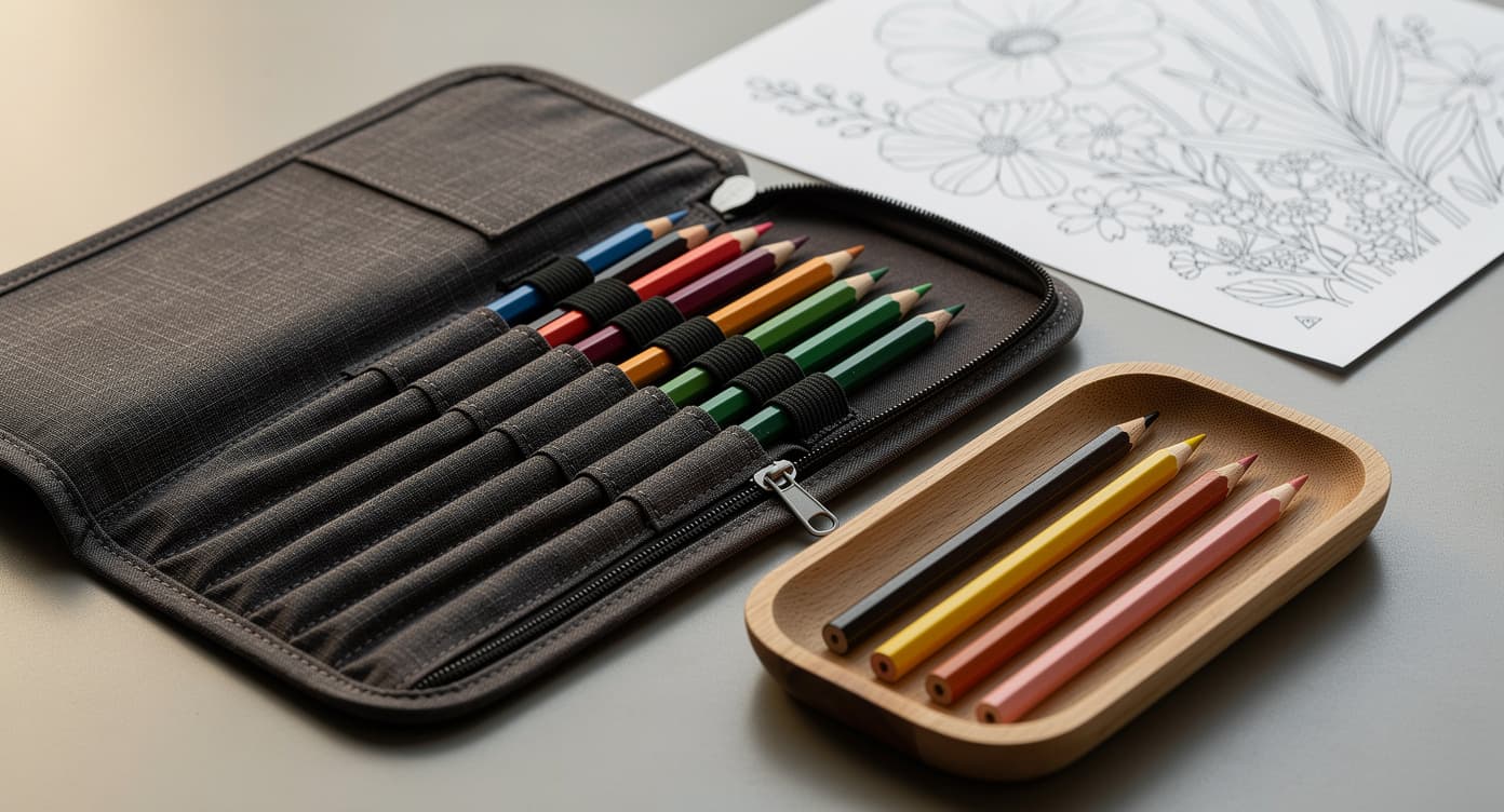 Open fabric colored pencil case with organized color rows, an active palette tray, and a botanical page
