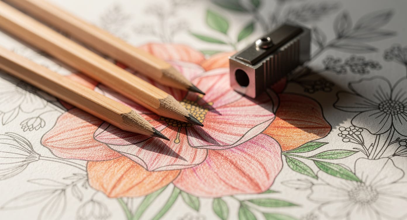 Unbranded colored pencils and sharpener on a detailed adult botanical coloring page