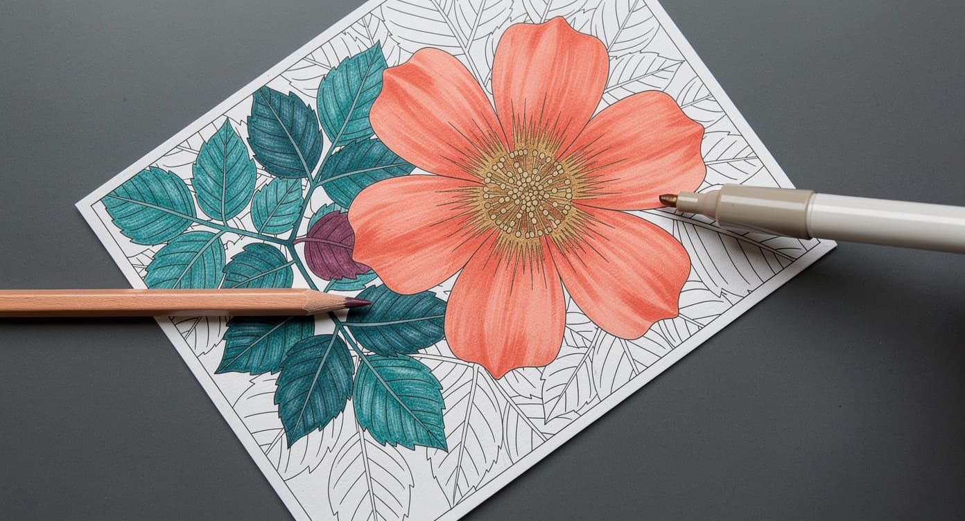 Adult botanical coloring page with layered teal pencil shading and broad coral marker fills
