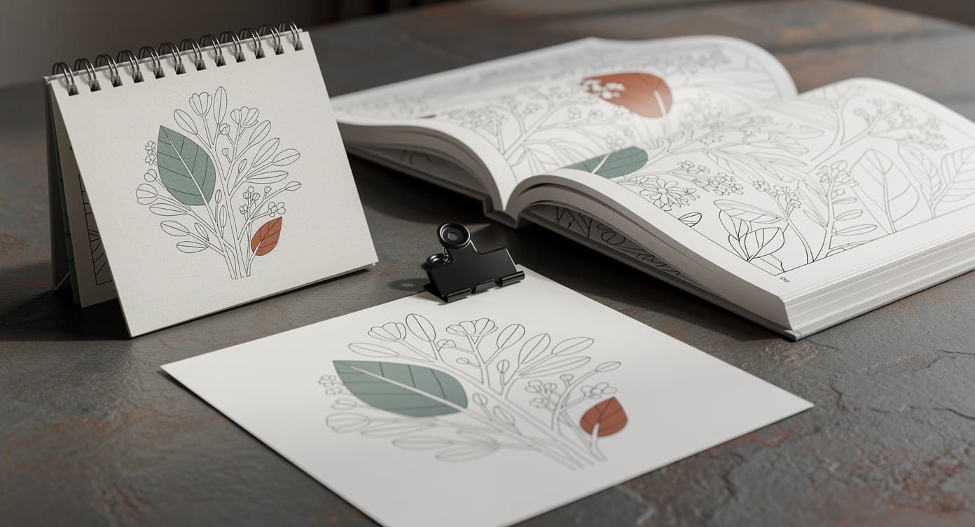 Top-bound coloring notebook, classic bound coloring book, and clipped printable page shown side by side