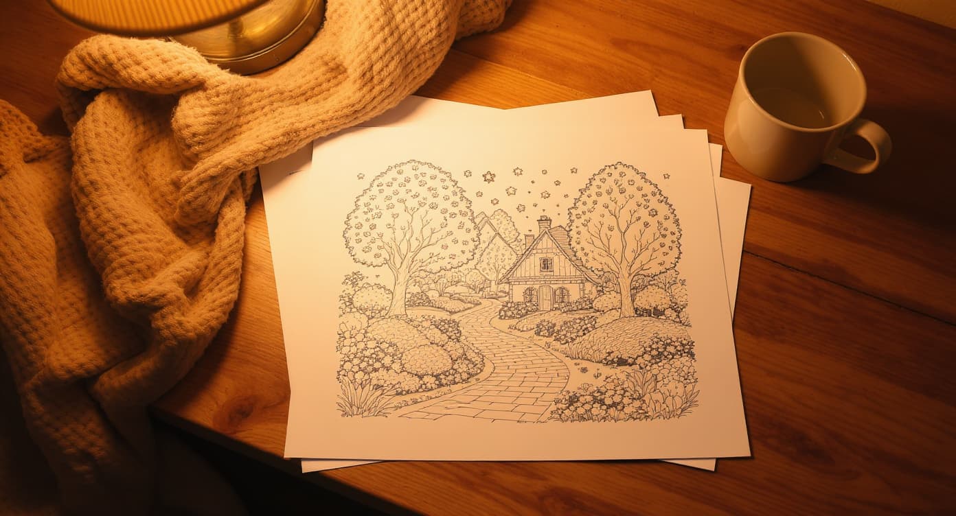 Cozy adult printable coloring pages with cottage garden line art, knitted blanket, warm lamp light, and plain mug
