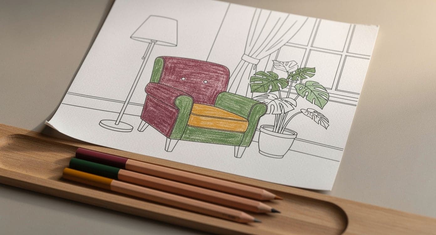 Partially colored adult reading-nook page with an armchair, floor lamp, plant, window, and plain colored pencils