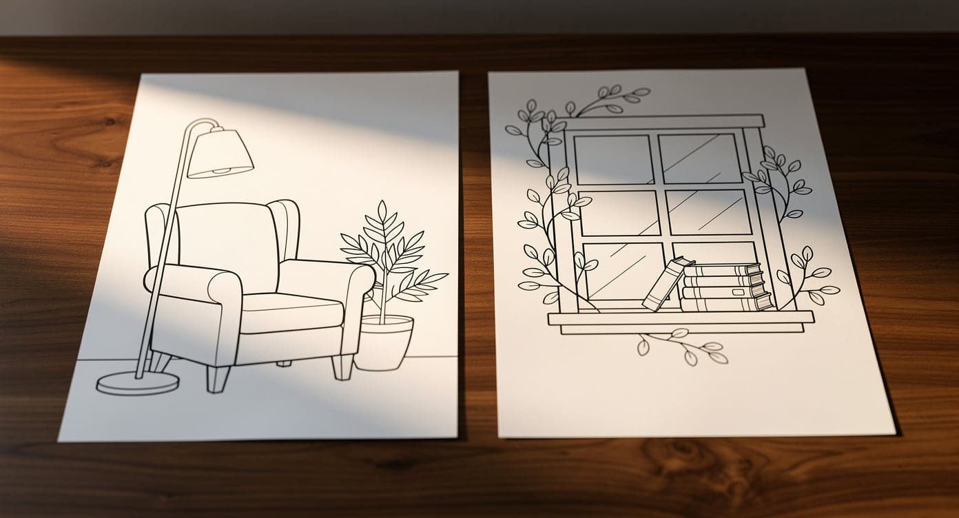 Two loose adult coloring pages showing a reading chair with a lamp and a vine-framed window with books