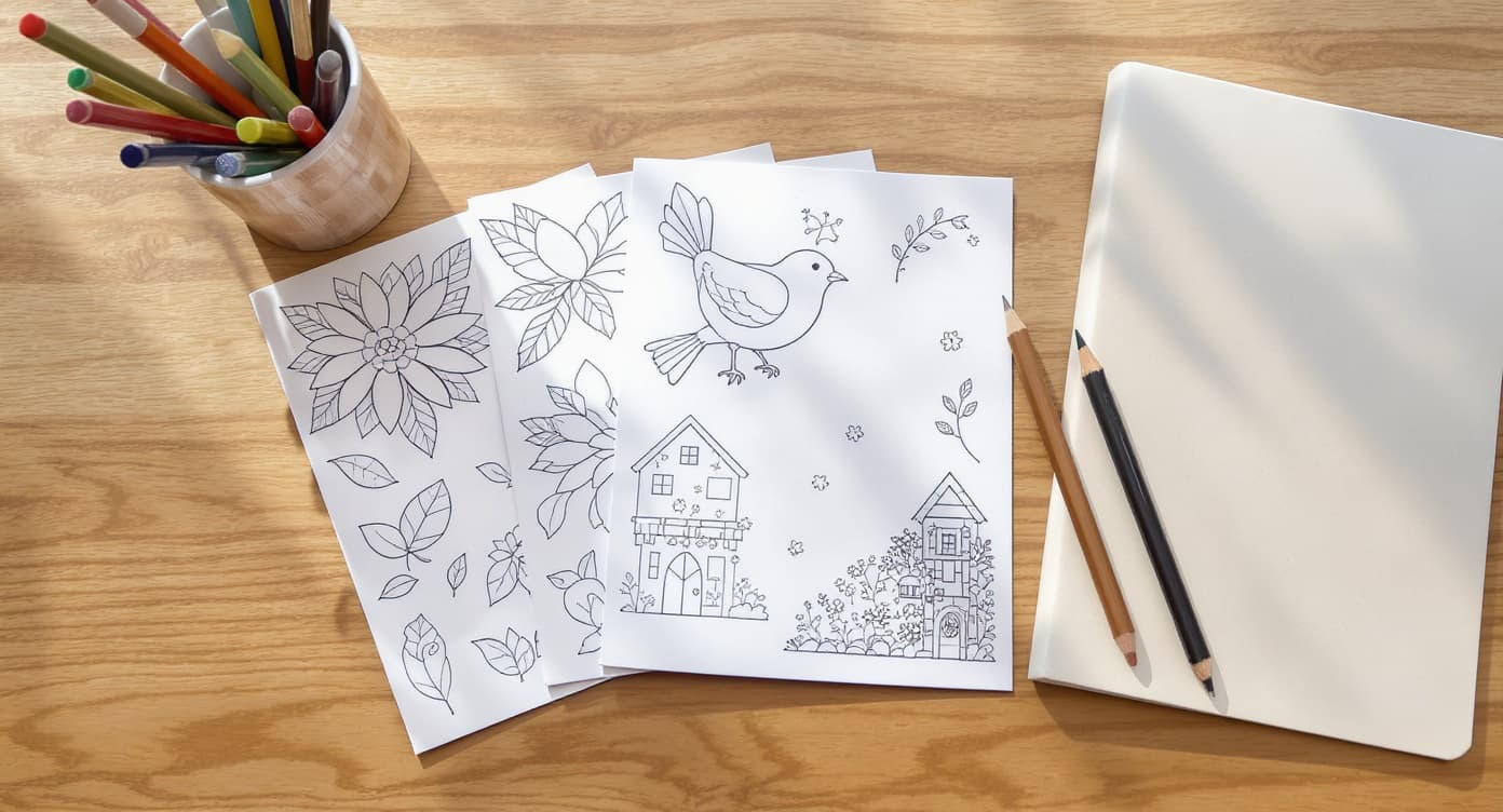 Respectful adult coloring activity setup with simple garden, bird, home, and flower pages plus plain colored pencils