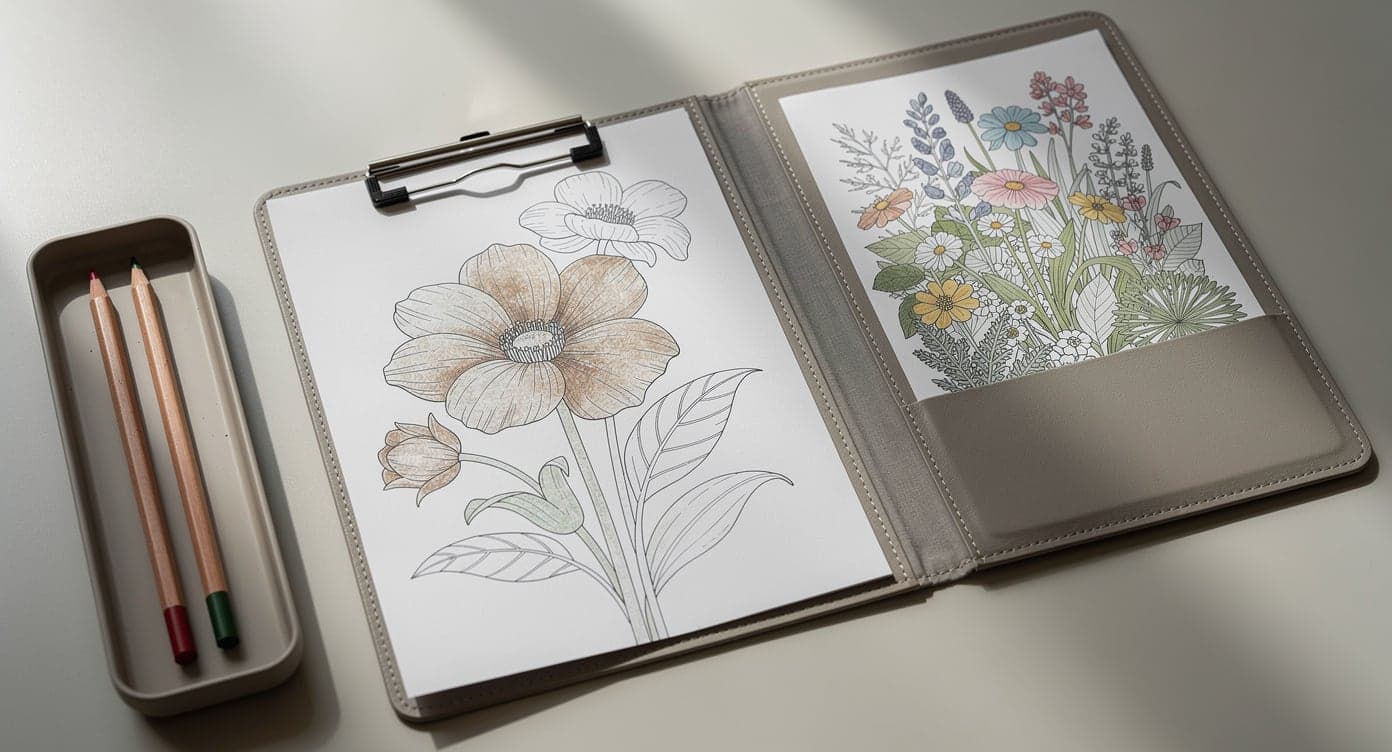 Partially colored flower page on a clipboard beside a completed garden page tucked into a neutral folder