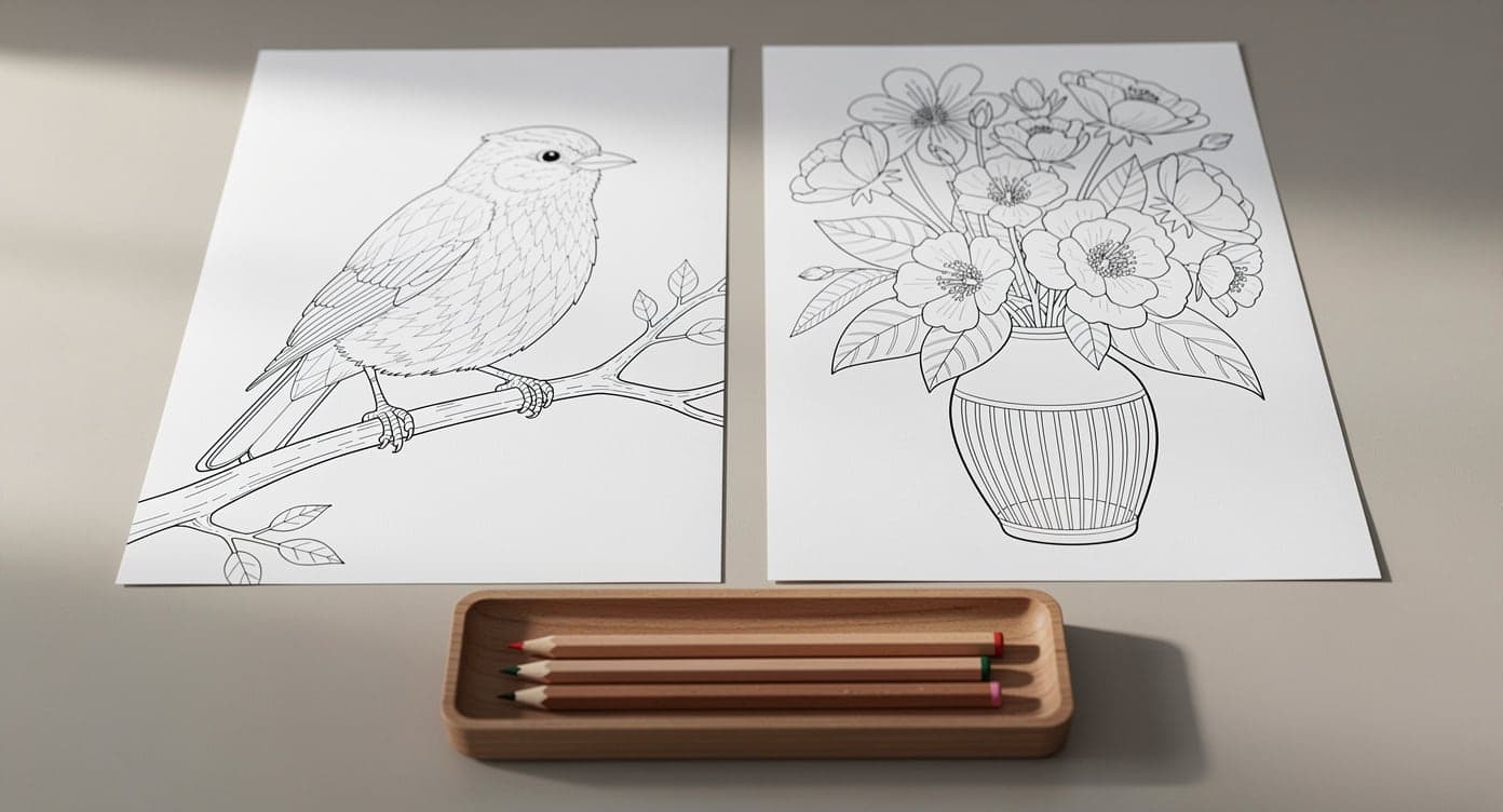 Two adult coloring pages showing a bird on a branch and flowers in a vase above a tray of four colored pencils