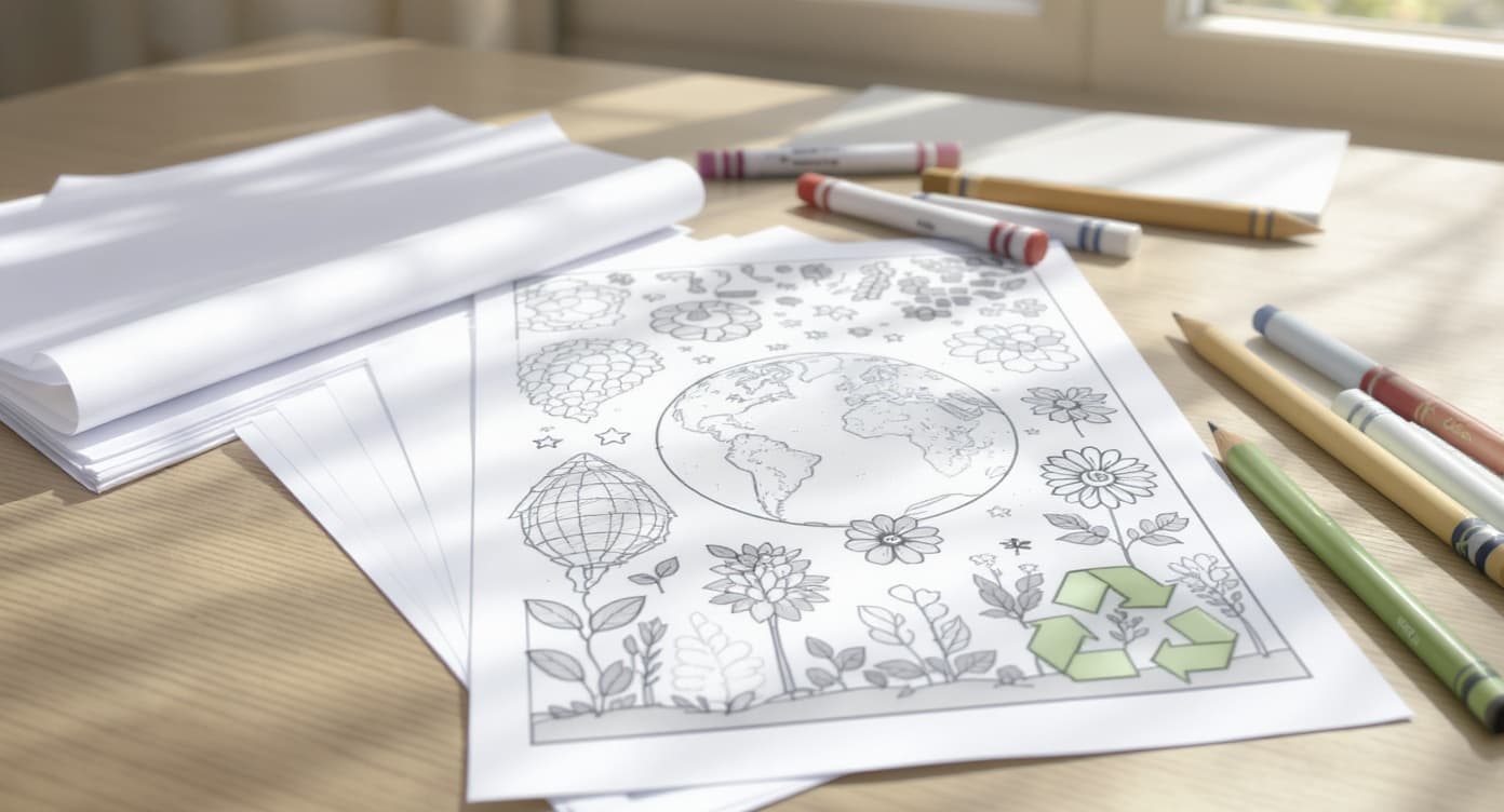 Earth Day printable coloring page with planet, flowers, tree, garden shapes, recycling symbol, blank paper, and coloring supplies