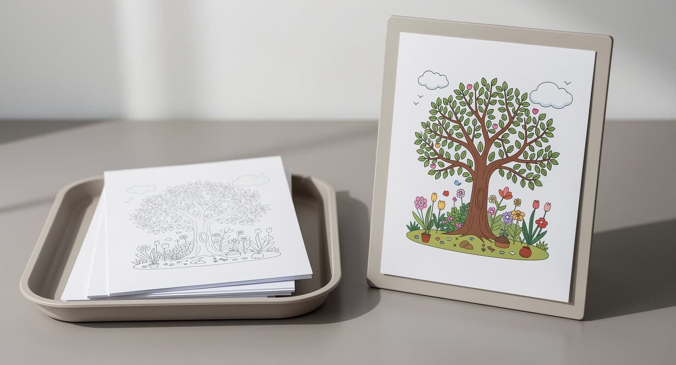 Finished tree-and-garden coloring page displayed in a simple mat beside matching clean copies in a tray