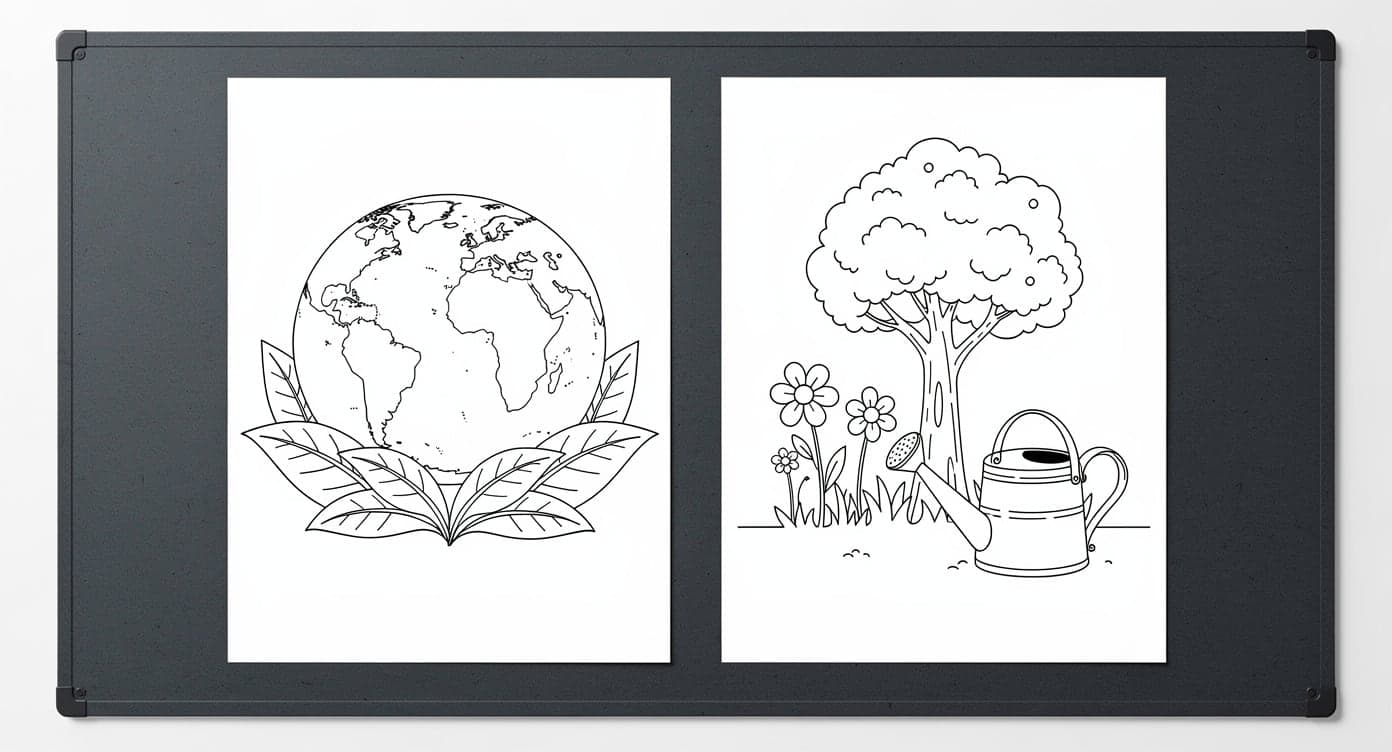 Bold planet-and-leaves coloring page beside a more detailed tree-and-garden page